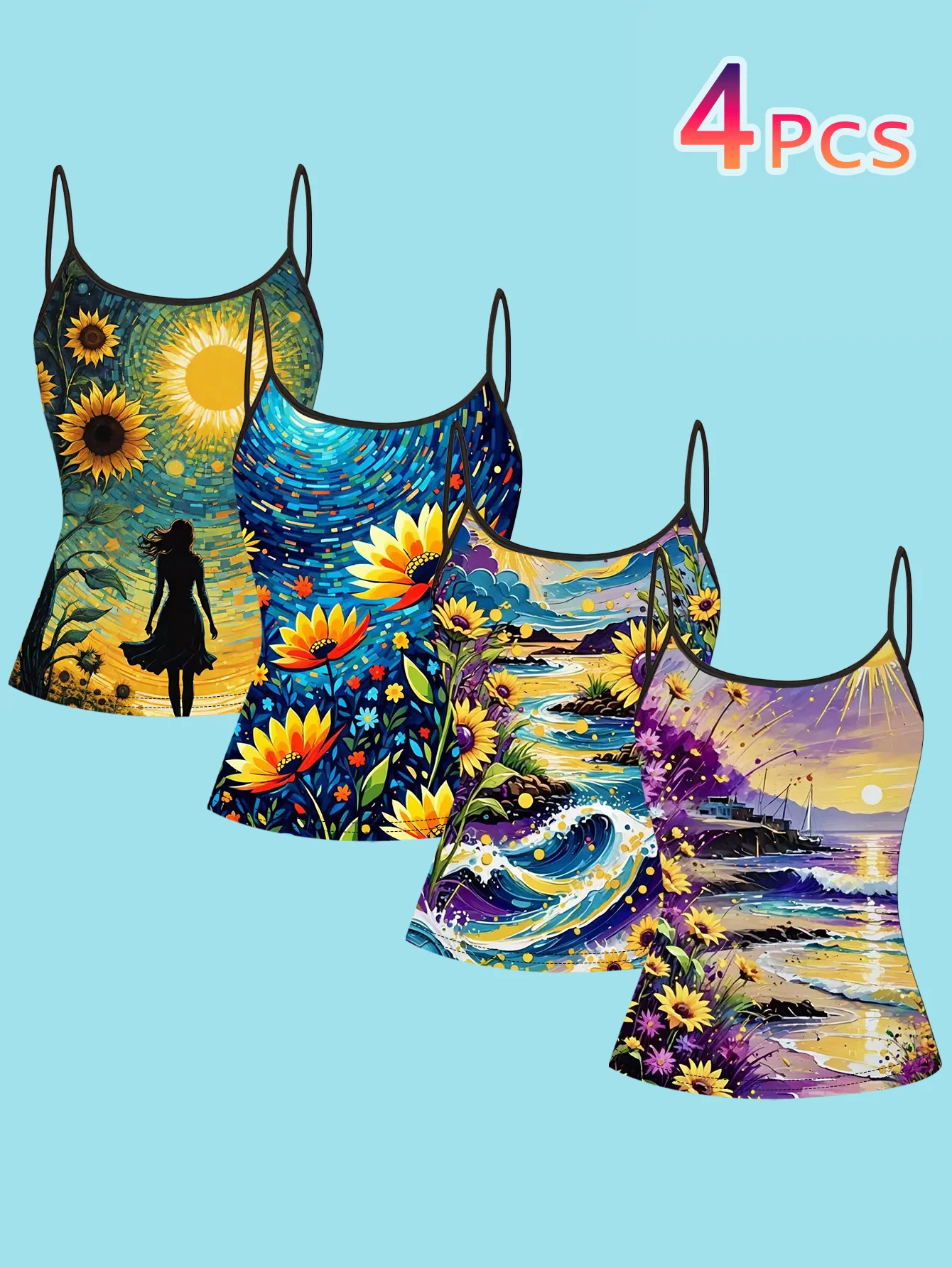 4-Piece Set of Women's Spaghetti Strap Camisoles with Black Base and Fluorescent Rainbow Tulip Lotus Large Floral Splash Art Print, Slim Fit Sleeveless Tops