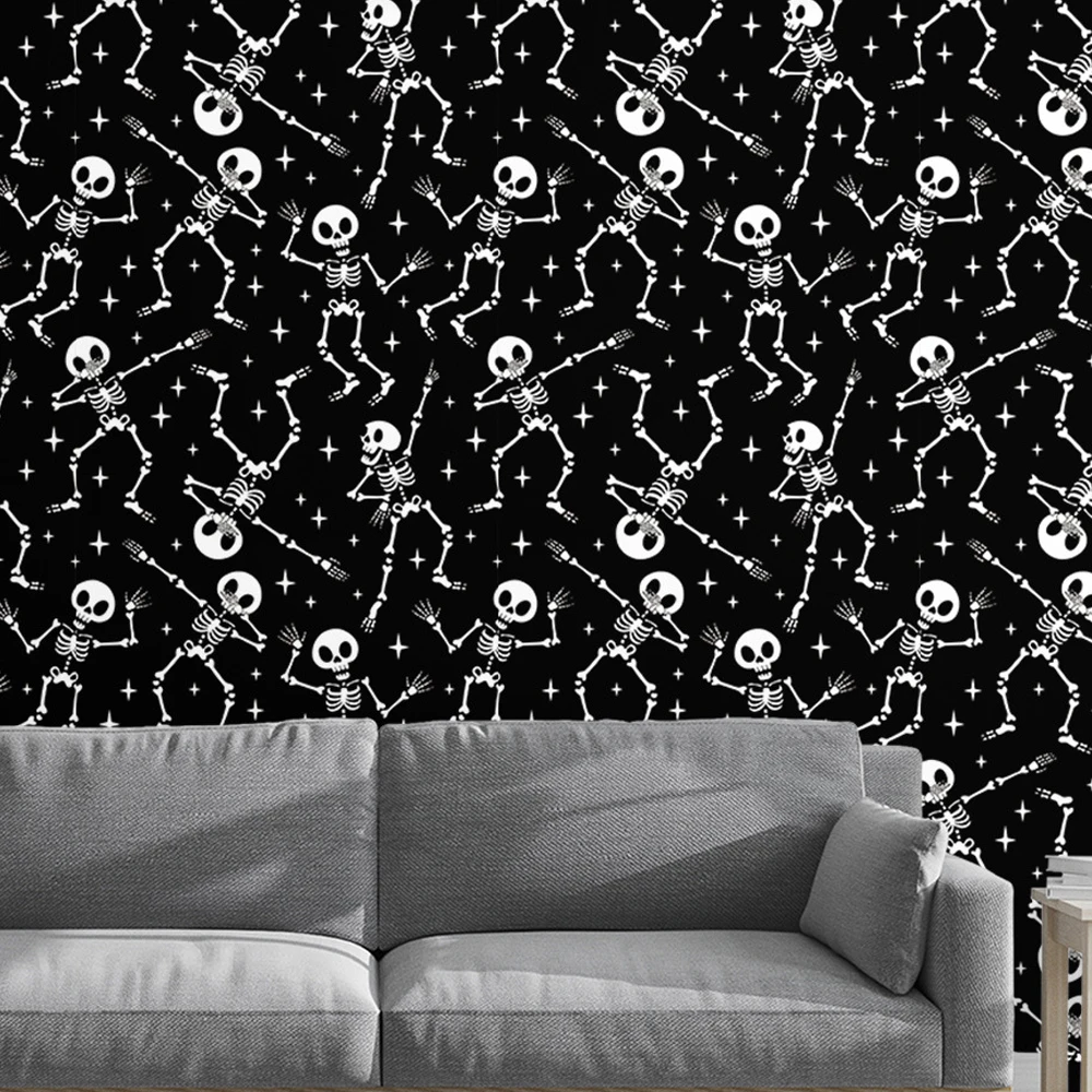 Gothic Peel and Stick Wallpaper Black White Dancing Skull PVC Contact Paper for Bedroom Removable Accent Wall Decoration Mural