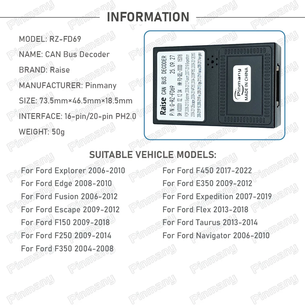 Car Radio CAN Bus Decoder RZ-FD69 for Ford Explorer Edge Fusion Escape F150 F250 F350 F450 E350 Expedition Flex Taurus Navigator
