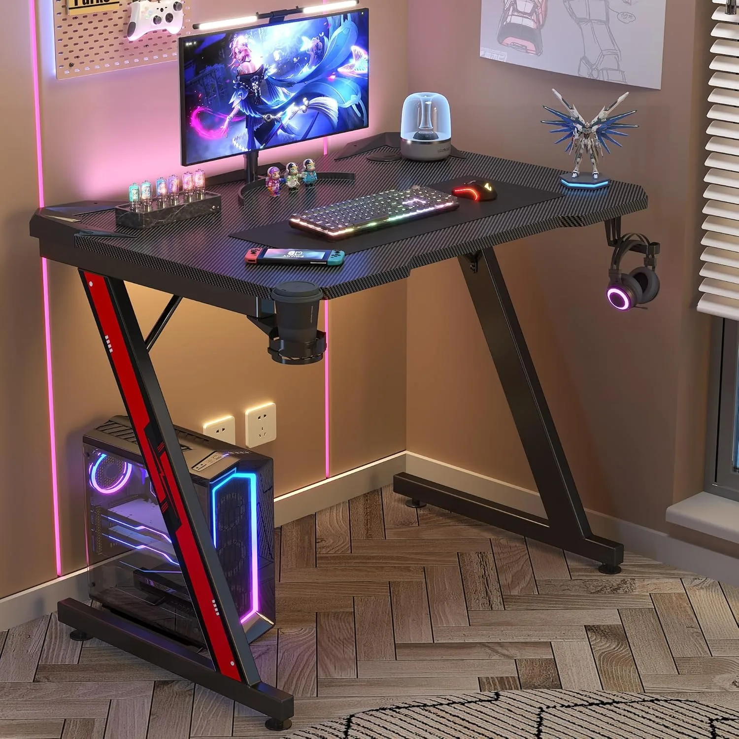 Gaming Computer Desk with Carbon Fiber Surface, Gaming Table Z Shaped Pc Home Office with Cup Holder&Headphone Hook(32 in)