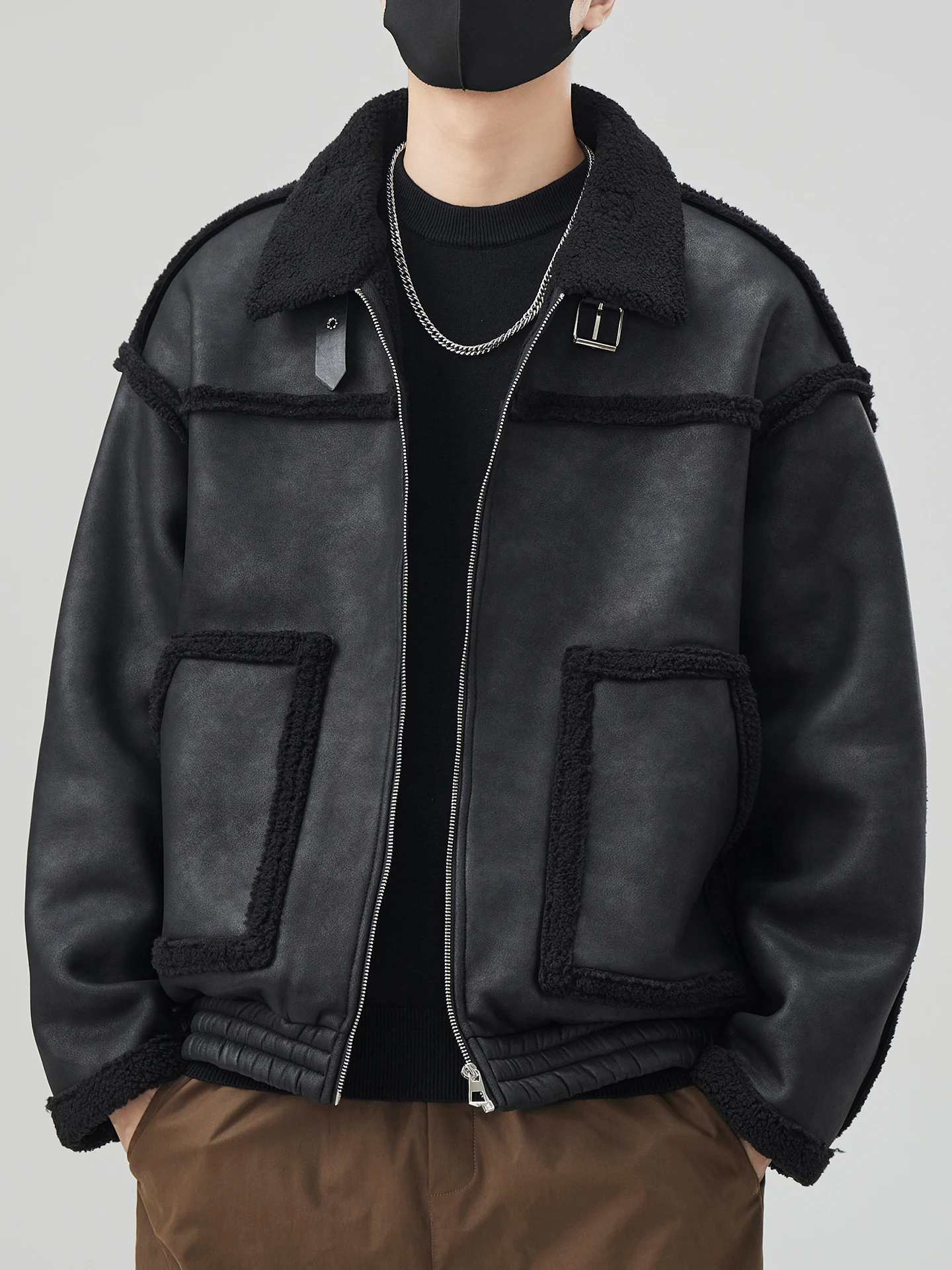 

Мужская зимняя куртка Tonlion из замши с утолщенным мехом ягненка, на молнии, однотонная, с длинными рукавами, Cleanfit