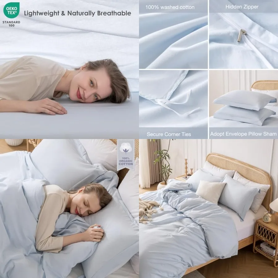 

100% Washed Cotton Linen Like Duvet Cover Set Size, 3 Pieces, 1 Duvet Cover 80x90 Inch and 2 Pillow Shams, Soft Breathable Comf