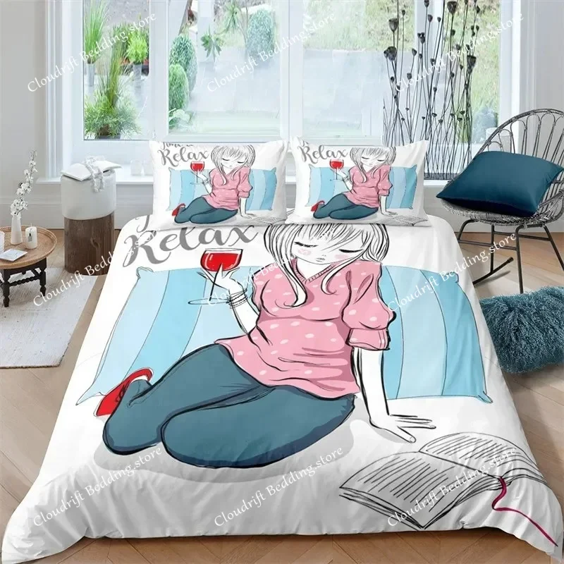 

Musical Girl King Queen Duvet Cover Modern Fashion Girly Bedding Set for Kids Teens Adults Cartoon Hip Hop style Quilt Cover