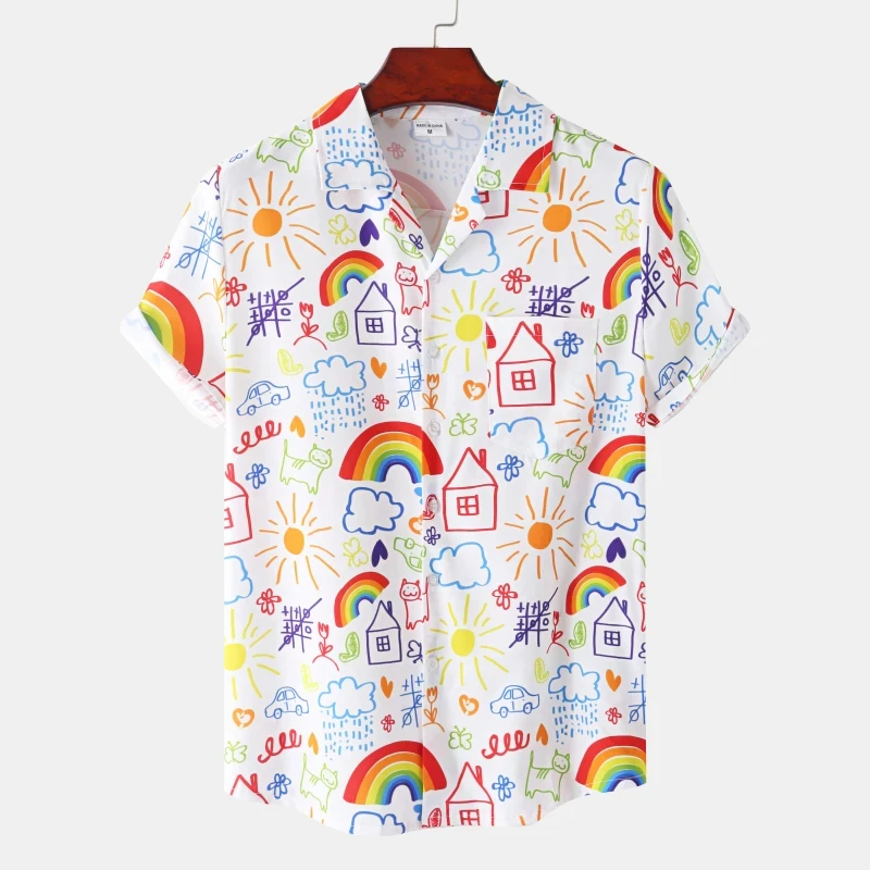 Camisa de lapela casual masculina de arco-íris de verão, camisa havaiana de grandes dimensões, estampa 3d, moda unissex, camisa de manga curta para meninos