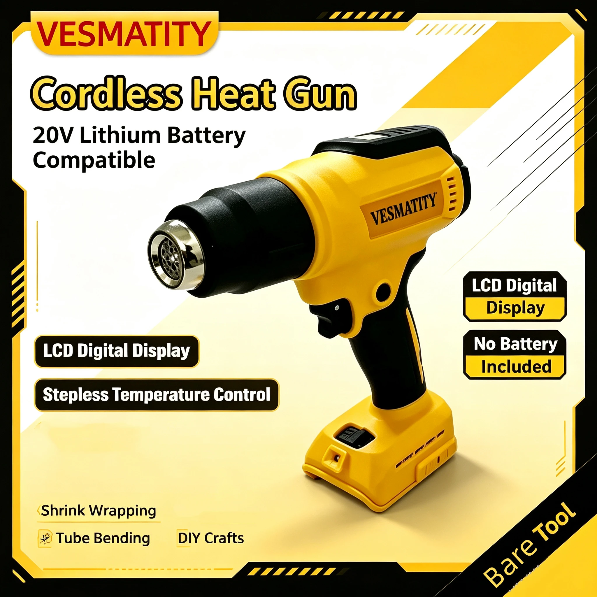 Cordless Heat Gun Compatible 20V Battery, LCD Digital Display Hot Air Gun for Shrink Wrapping Tube Bending Portable Heating Tool