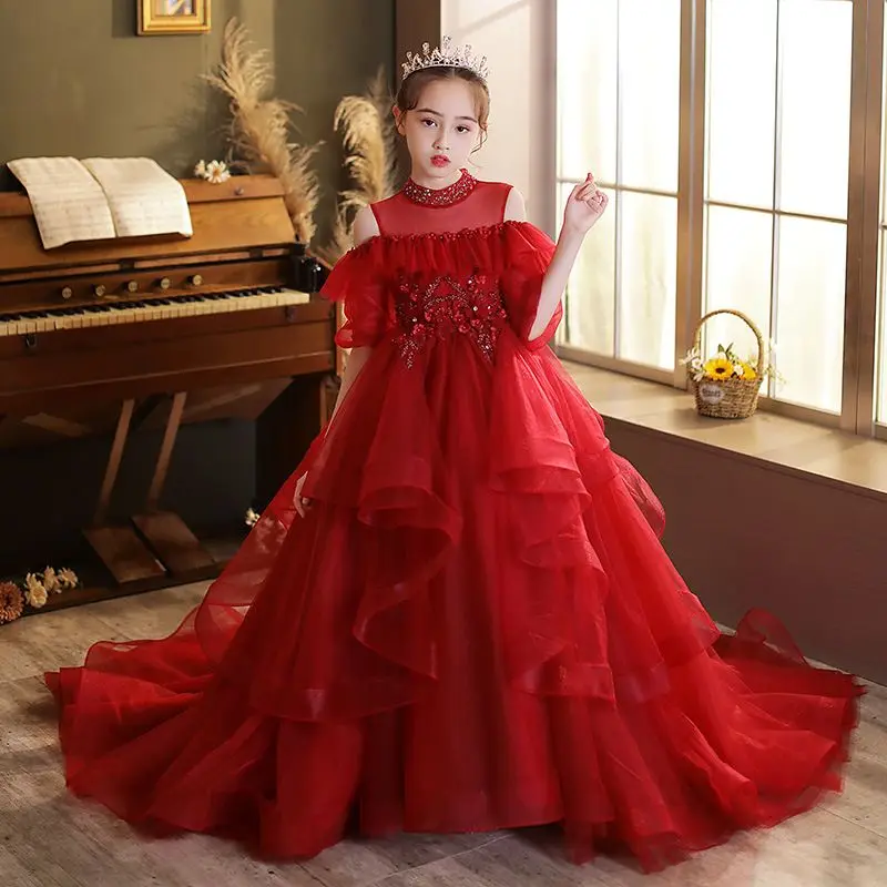 

Children's Red Dress Show Skirt Girl's Performance Dress Red Trailing Skirt Fluffy Gauze Dress Stylish Princess Dress