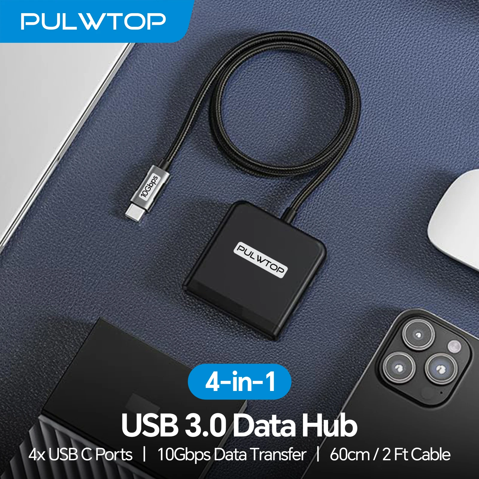 PULWTOP USB C Hub, Fast Transfer Type-C Multiport Adapter with 4*USB C 3.2 Port,  Compatible with MacBook, iPad, Surface Pro,XPS