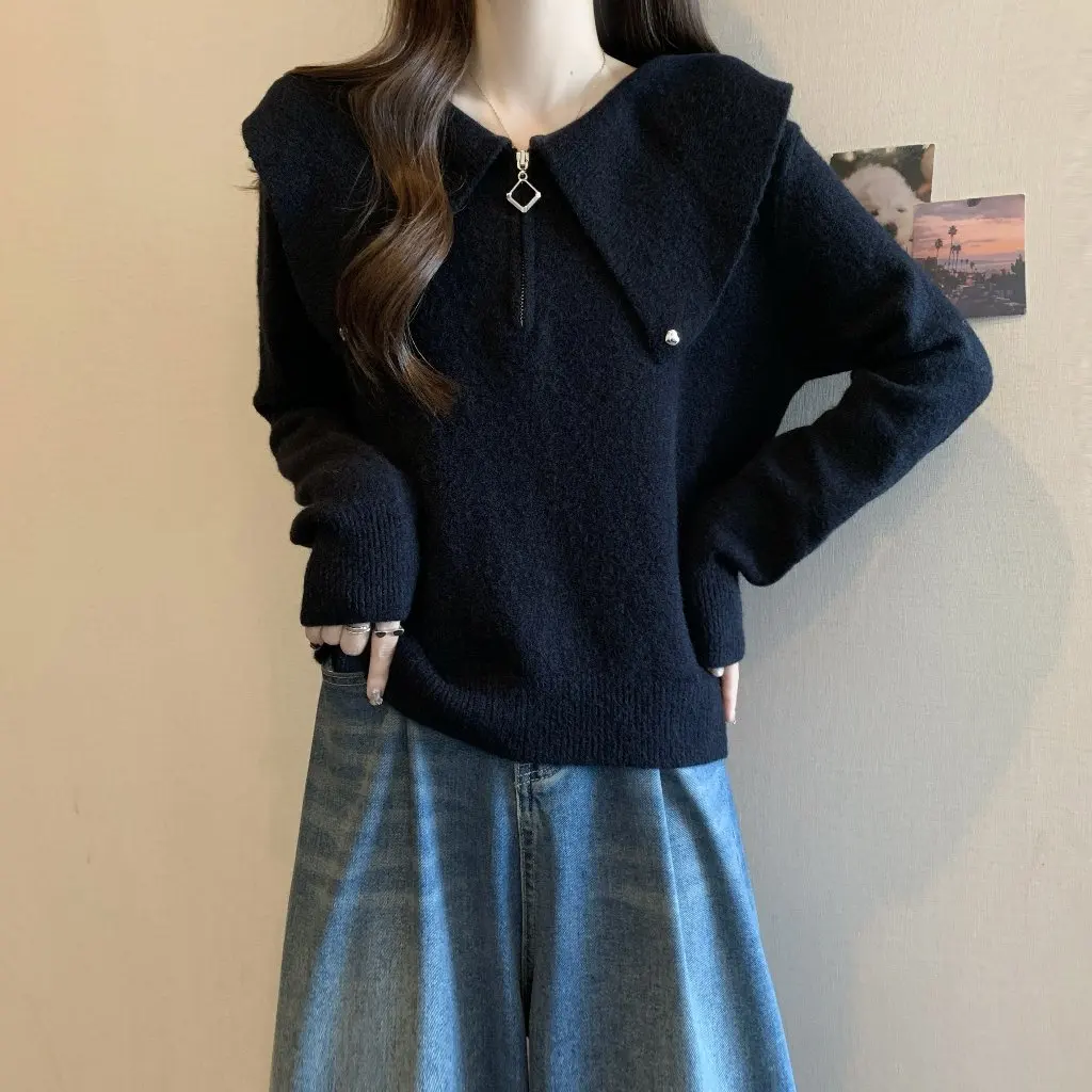 

Women's Western-Style Half-Zip Pullover Sweater Pure Color Knitted Top Slimming Look Loose Fit for Autumn Winter