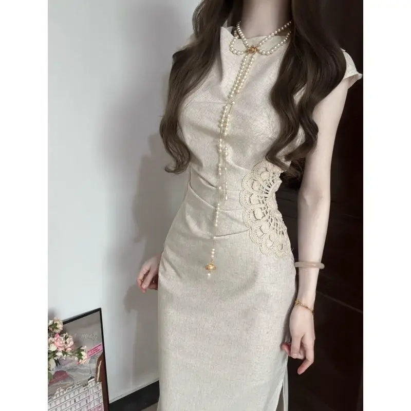 Sommer 2026 Neues Französisches Vintage Damenkleid Figurbetonte Passform Koreanische Mode Beliebtes Elegantes Langes Kleid Party Cheongsam Outfits
