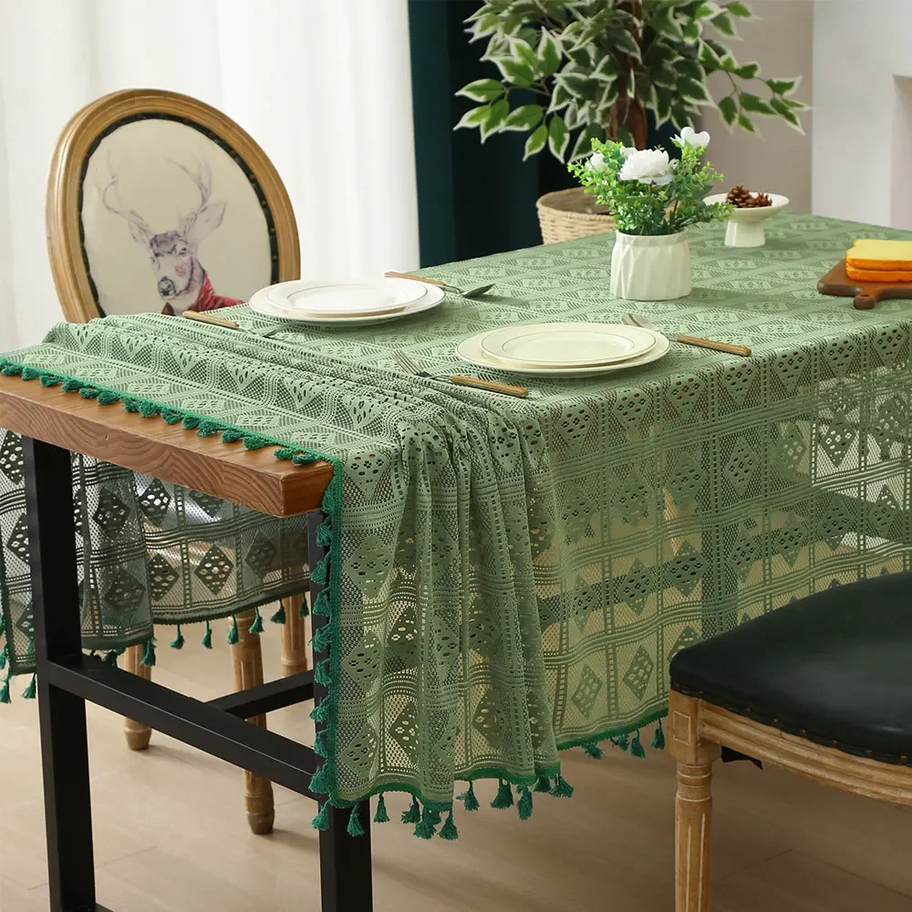 

Vintage Green Knitted Lace Hollow Tablecloth Crochet Rectangular Round Tablecloth Home Desktop Decoration Cover Cloth