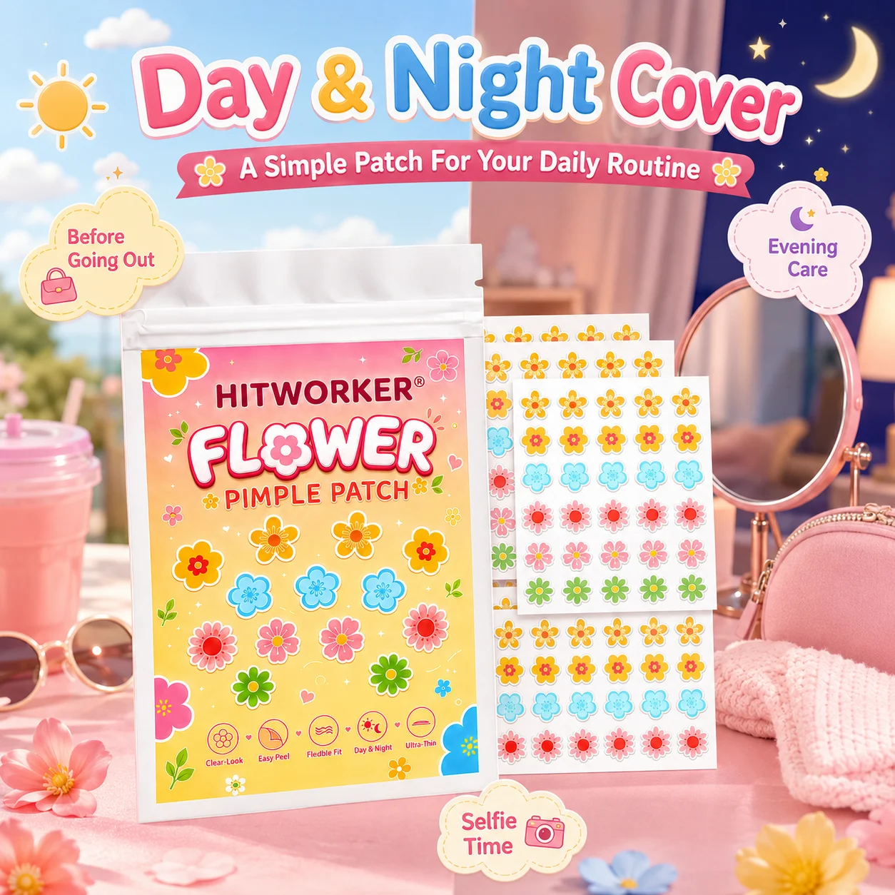 40/100pcs Flower Hydrocolloid Spot Cover Patches, Cute Face Stickers, Easy Peel Daily Skin Care for Day Night Use view 5