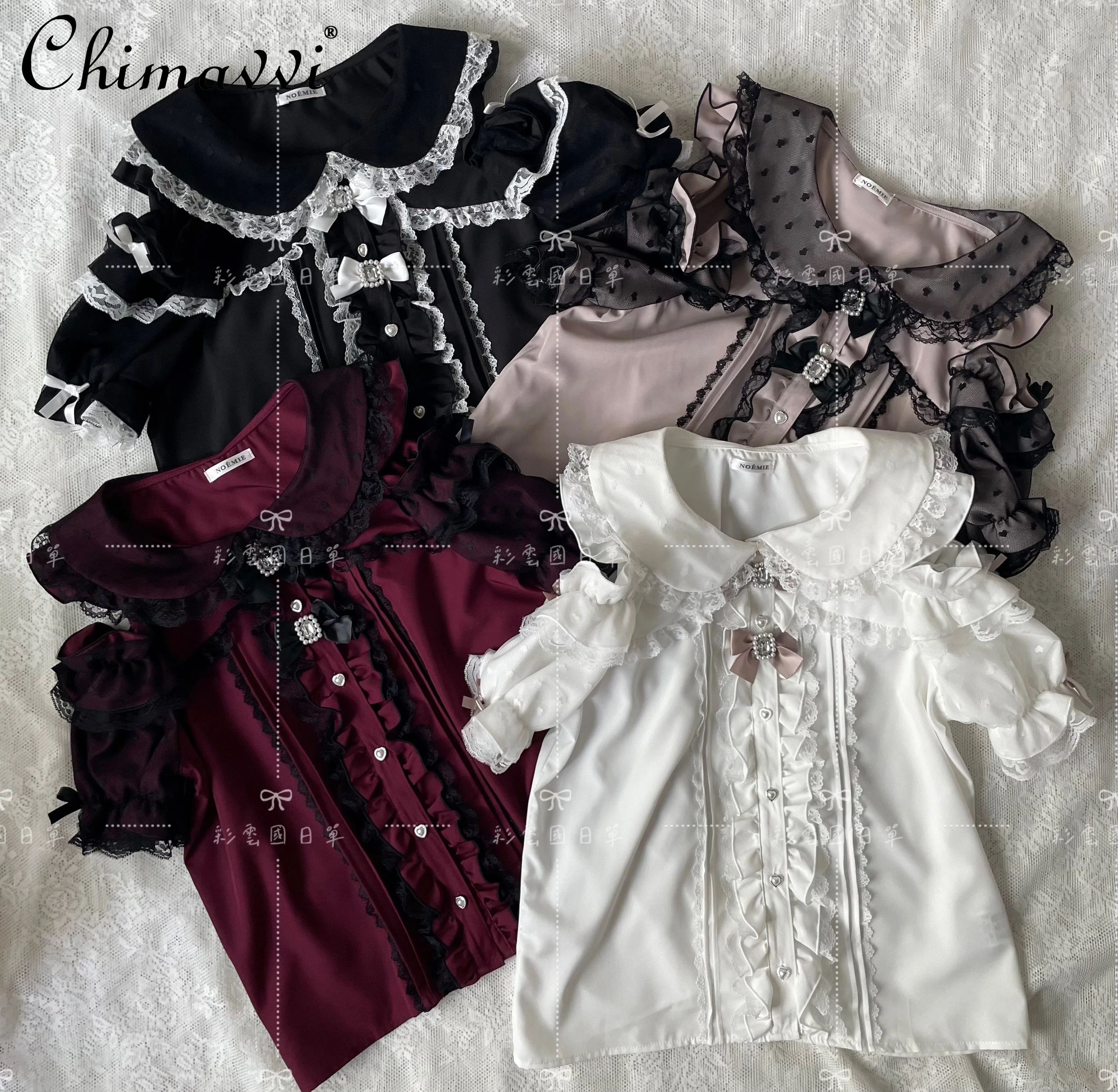 النمط الياباني الإنتاج الضخم الدانتيل المرقعة خارج الكتف دمية طوق قصيرة الأكمام قميص فتاة حلوة لطيف القوس لوليتا بلوزة