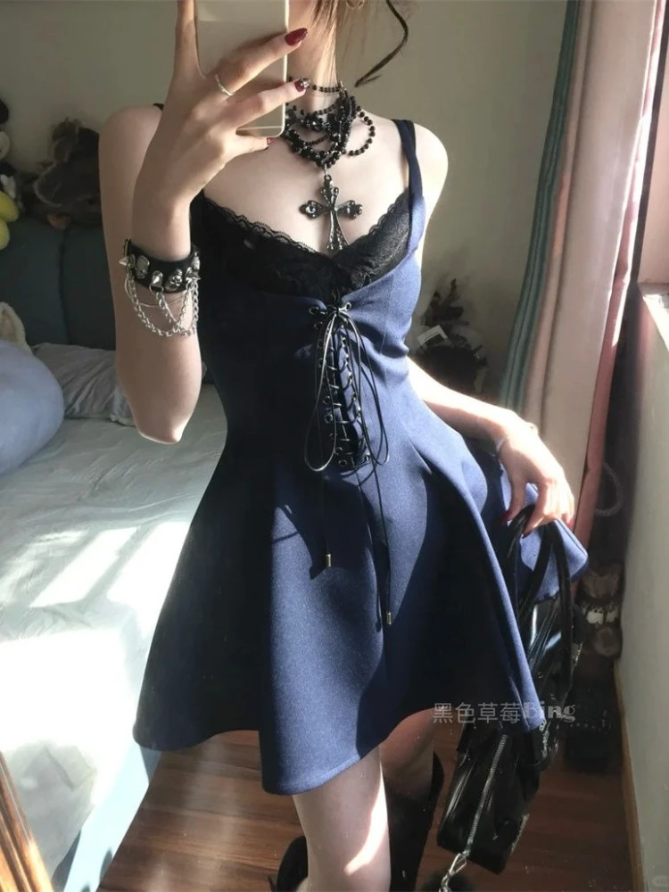 

Summer Sweet Spicy Girl 2 Piece Set Women Casual Lace Sexy Halter Tops + Bandage Design Mini Dress Korean Fashion Dress Outfits