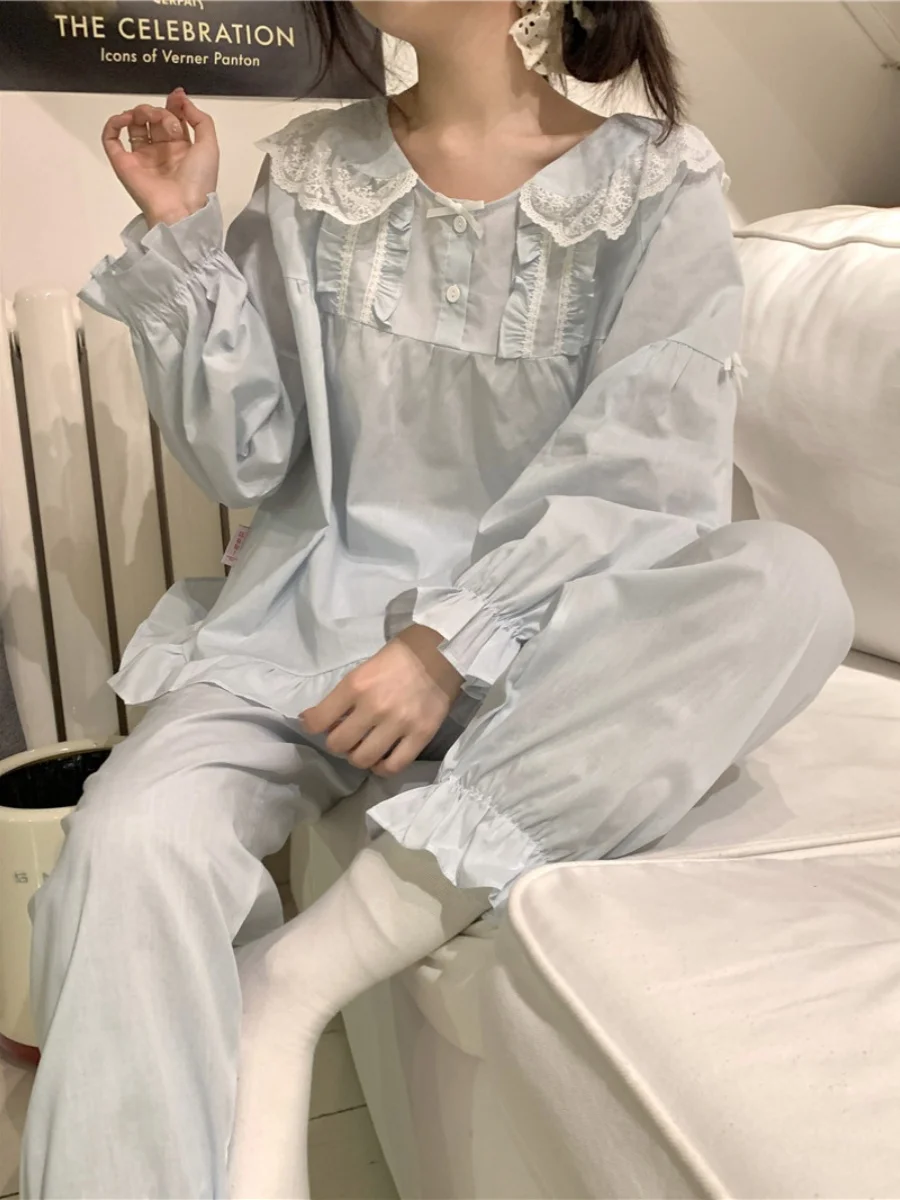 Korean Sweet Princess Pajamas Women's Spring Autumn Lace Cotton Casual Pullover Loungewear Sleepwear Set