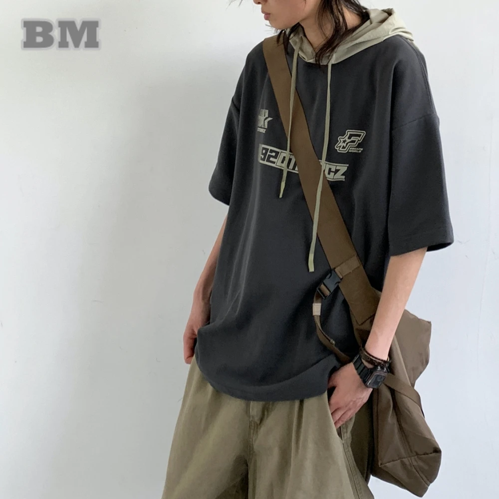 

Уличная одежда в японском корейском стиле, модные топы, свободная футболка с капюшоном и коротким рукавом, мужская и женская летняя футболка большого размера с буквенным принтом