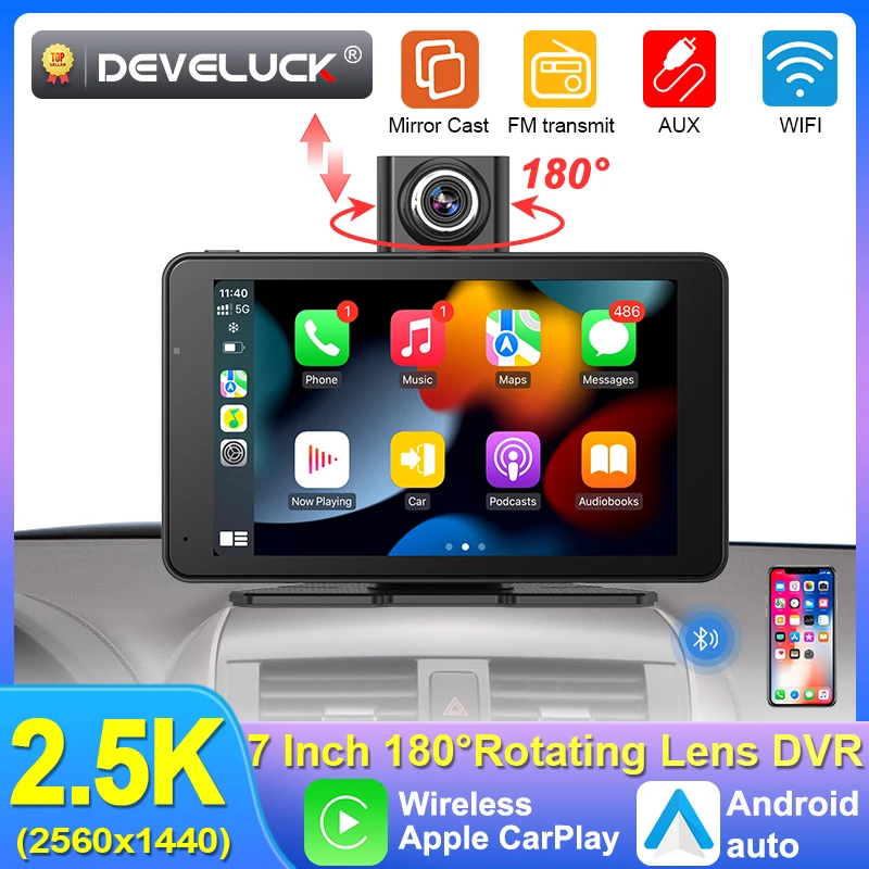 

7 Inch 2.5K Dash Cam Rotating Lens Car DVR Rearview Mirror Camera Wireless Carplay & Android Auto GPS Navigation Video Recorder