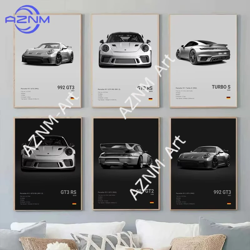 Schwarz-weiße Poster mit deutschen Luxus-Sportwagenmotiven, Wandkunst, 911 GT3 RS Turbo, Leinwandgemälde, Bilder für Garage, Wohnzimmer, Dekoration