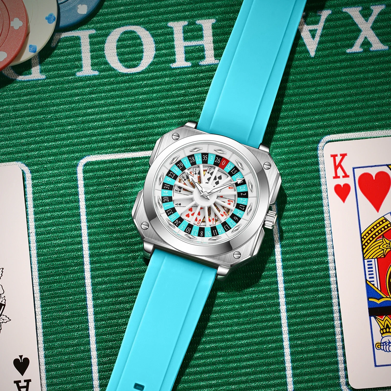 VA VA VOOM Roulette Loading Silicone Casino Wheel Quartz Watch Mens Sports Style Night Light Square Waterproof Watch for Men