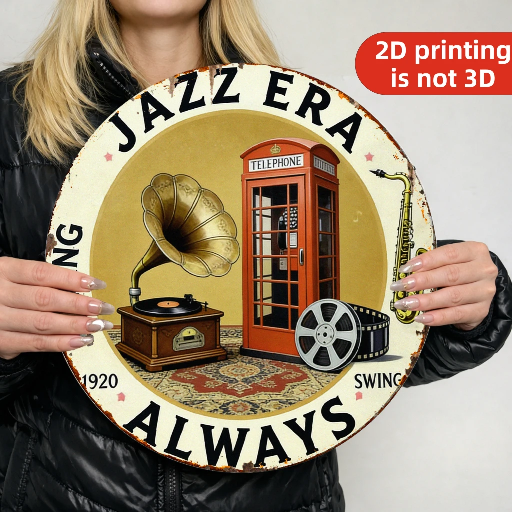 Letrero Redondo de Metal con Diseño Vintage 2D de Gramófono y Saxofón 'Jazz Era Always' - Decoración de Pared Retro de Música Swing de los Años 20 para el Hogar, Bar o Cuarto de Hombre