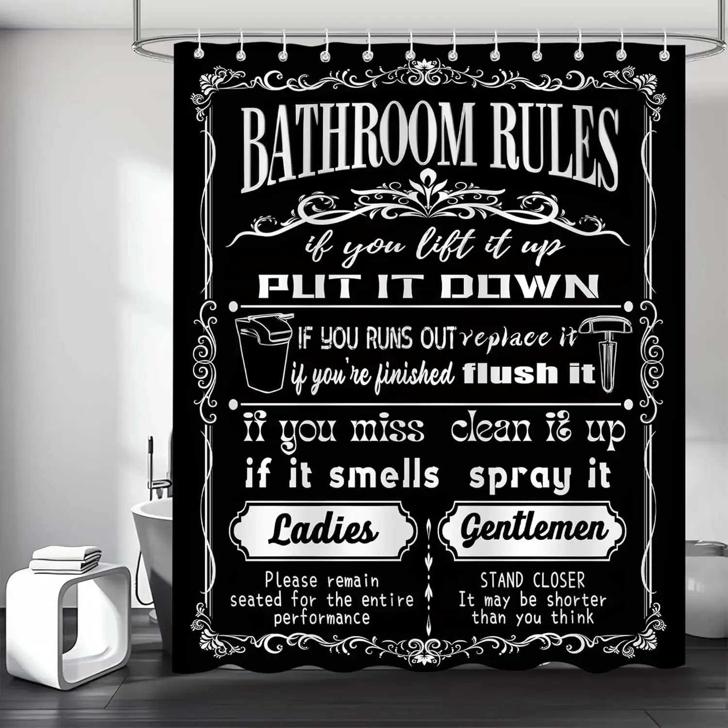 Funny Quotes Shower Curtains, Cool Black and White Bathroom Rules Fun Modern Bathroom Curtain, Polyester Waterproof Bathroom
