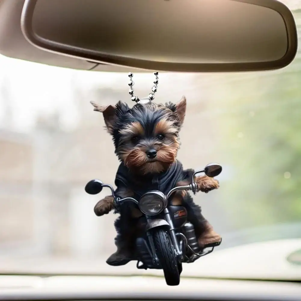 Acrylic Car Pendant Puppy Riding A Motorcycle Hanging Pendant Rearview Mirror Ornament Animal Pendant Car Interior Accessories