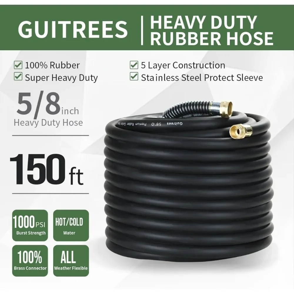 150FT 5/8 Heavy-Duty Rubber Garden Hose - 200psi Working, 1000psi Burst - Hot/Cold Water - Five-Layered Braiding for Durability