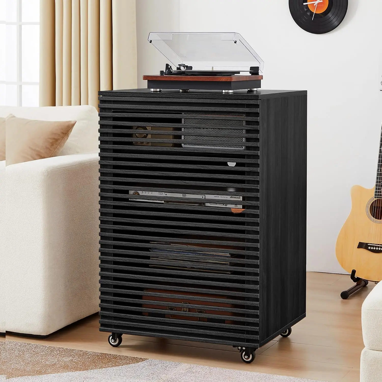 5-Tier AV Media Cabinet with Grille Door, Wooden Stereo Rack with Adjustable Shelves & Wheels for Living Room, Customized