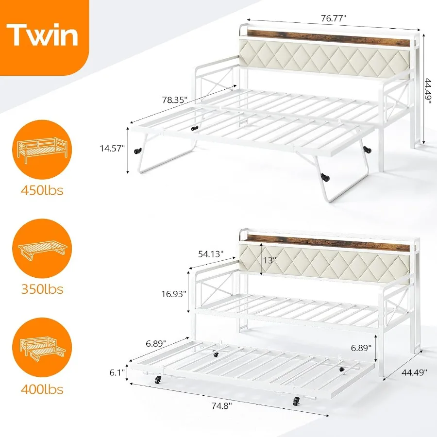 Daybed with Pop Up Trundle, LED Light and Charing Station, White