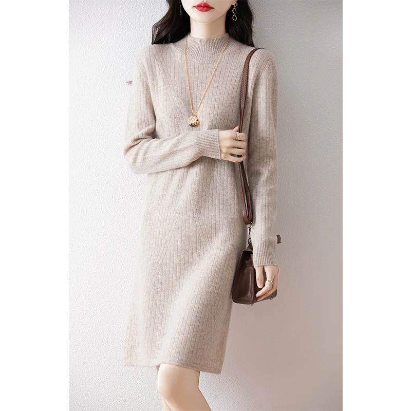 2024 Autumn Half High Collar Pure Wool Knitted Dress for Women, Loose Inner with Cashmere Medium Length Woolen Dress