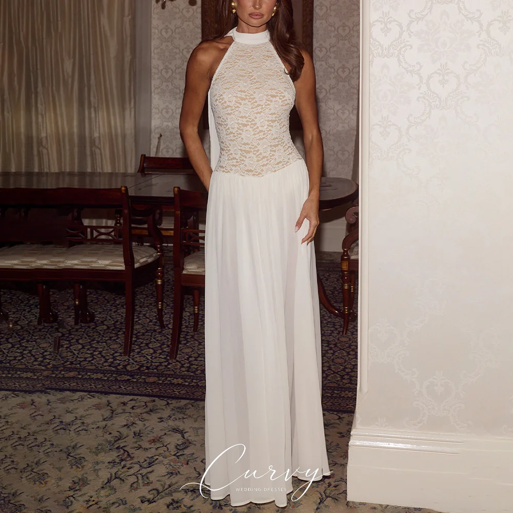Curvy Customized Halter Neck Lace Wedding Dresses for Women Chiffon Backless Bridal Gown with Ribbon Detail 2026
