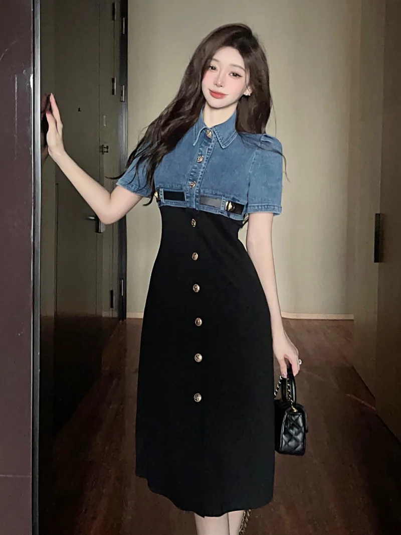 2024 Summer Fake Two Piece Denim Splicing Polo Neck Single Breasted Short Sleeve Dress Women Cinching Waist Slim Long Dress 02FB