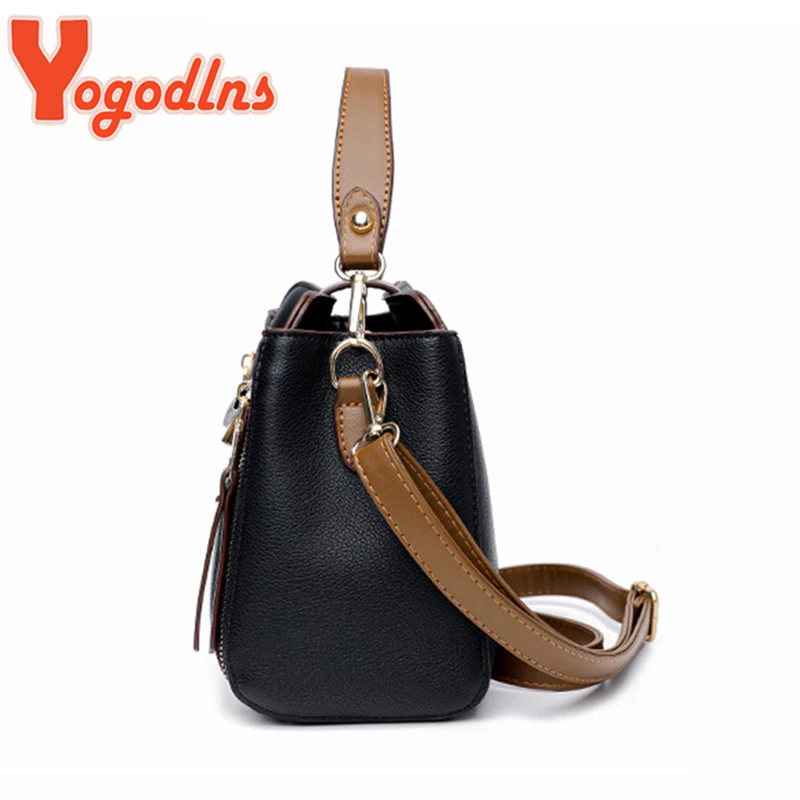 Yogodlns Luxury Splicing Handbag For Women PU Leather Bucket Shuolder Bag Fashion Handle Bag Brand Shopping Mommy Crossbody Bag
