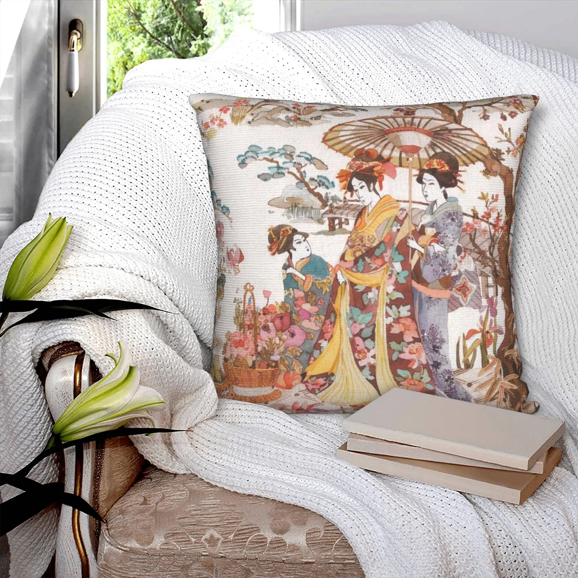 Vintage Japanese Geishas Traditional Art Pillow Home Decor Fashion  Cushion Decoration Salon Square Pillowcase