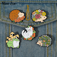 Floral Animals Enamel Pins Custom Hedgehog Cat Frog Mushroom Brooches Lapel Badges Cute Kawaii Jewelry Gift for Kids Friends