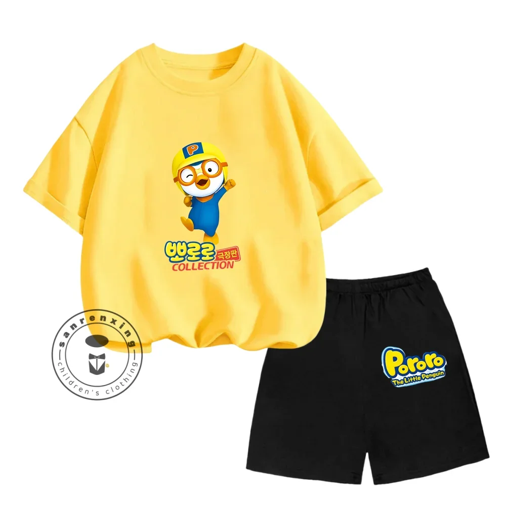 Summer New Pororo Children Cute Cartoon Print Design Loose Soft Short Sleeve +Children Elastic Shorts Personality Fashion Set