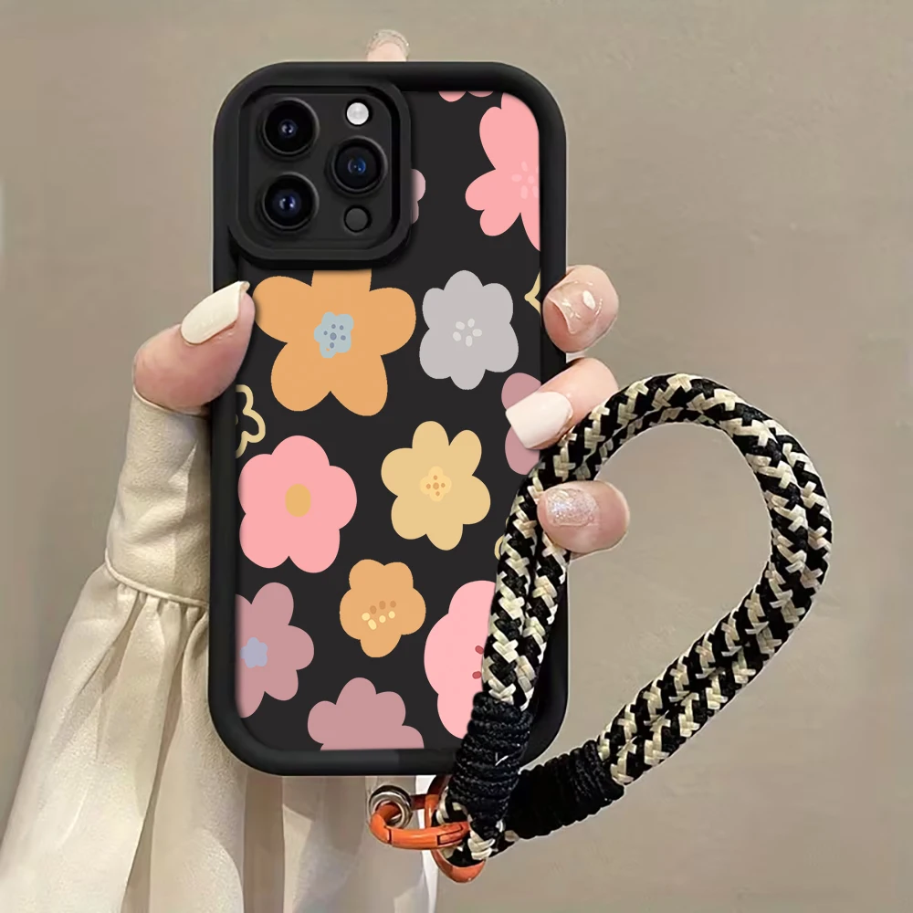 Coque de téléphone antichoc en silicone mat avec lanière motif fleurs macaron pour iPhone 12 13 14 15 16 17 Pro Max 15 14 13 Plus XR 17E