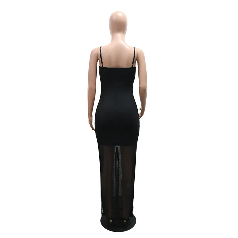 Spaghetti Band Zwart See Through Mesh Diamanten Bodycon Sexy Lange Feestjurken Vrouwen Nieuwe Slanke Strass Sheer Nachtclub Jurk