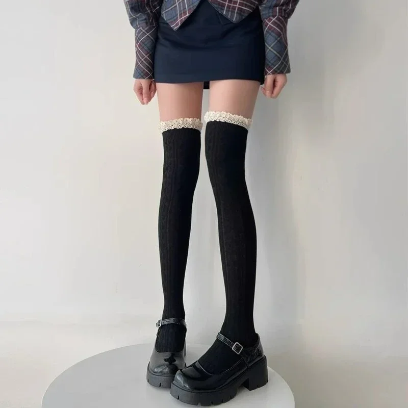 Lolita Schnür-Kniestrümpfe für Damen, Overknee-Strümpfe, Frühling-Herbst-Mode, warme, sexy, gestrickte JK-Strumpfhosen für Mädchen