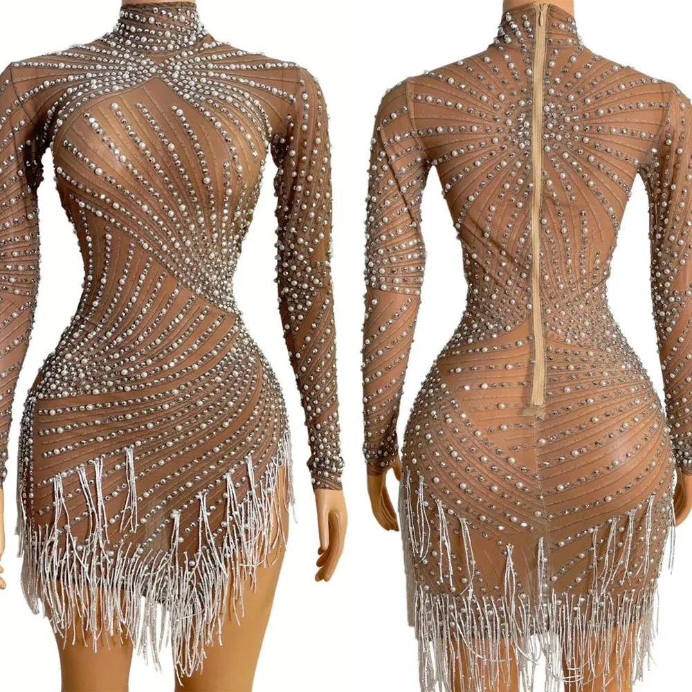 

Shining Pearl Rhinestones Transparent Fringes Women Mini Dress Fringe Birthday Celebrate Dressy