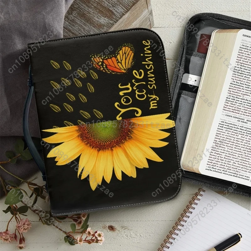 Sunflower Words Verse Pattern Leather Bible Bag for Women Men Handle Handbags Bible Hymns Cover Case Carrying Bible Storage Bags