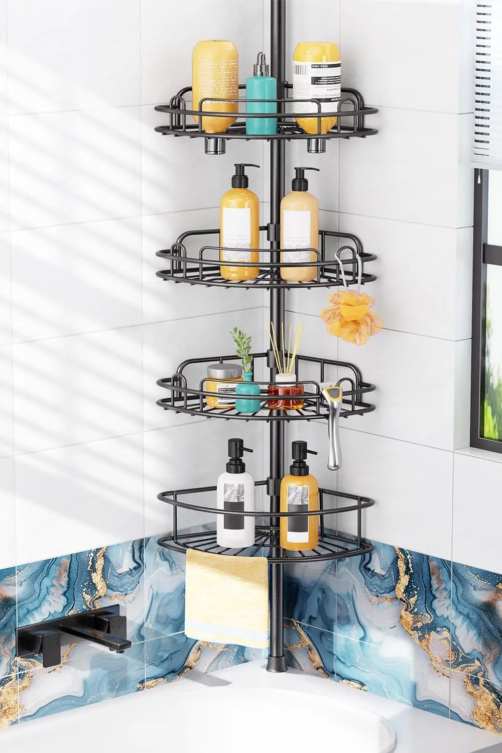 

4-Tier Adjustable Shower Caddy Tension Pole - Rustproof Bathroom Corner Shelf Organizer for Renters, No Drill Storage Rack