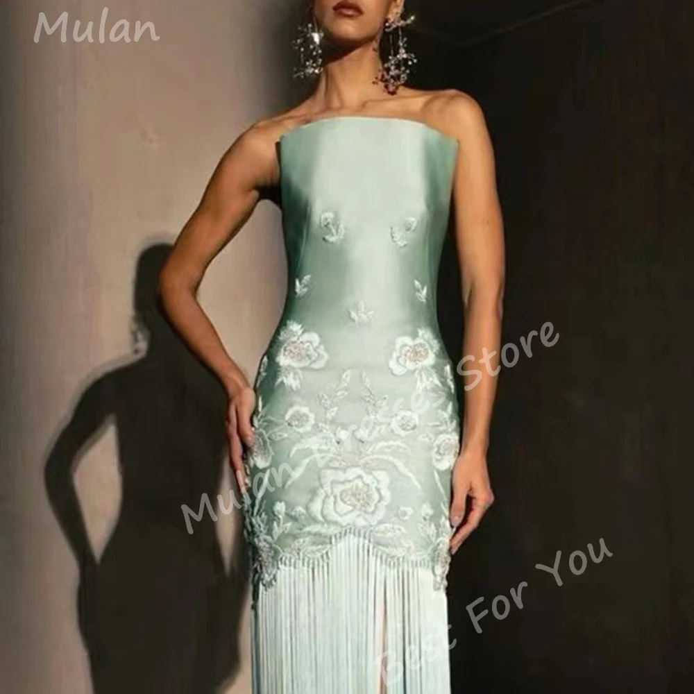 Customized Long Embroidery Tassel Evening Dresses for Women Strapless Floor-Length Mermaid Special Events Prom Wedding Dress