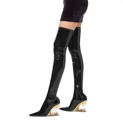 Fashion Sexy Knee Boots Brand New High Quality Patent Leather Skinny Elastic Boots Shaped Tiger Tooth Heel Boots Size 34-44