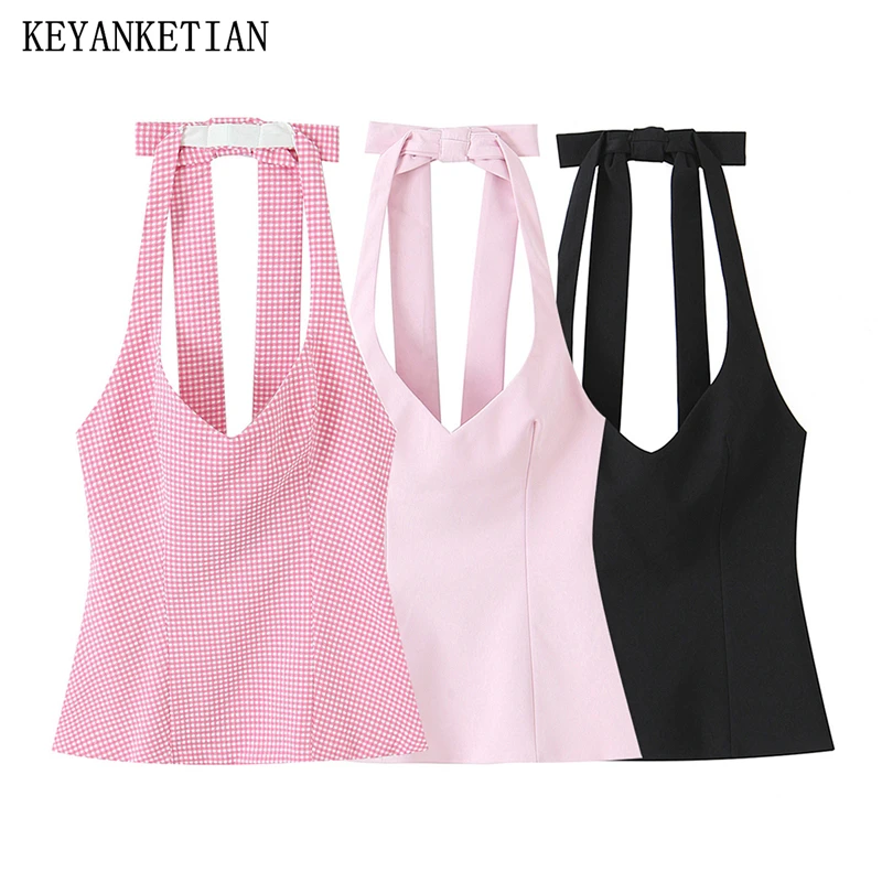 

KEYANKETIAN 2025 Summer New Women's Backless Bow Halter Plaid Vest Sweet style Slim Sleeveless Crop Top Sexy V-Neck Camisole