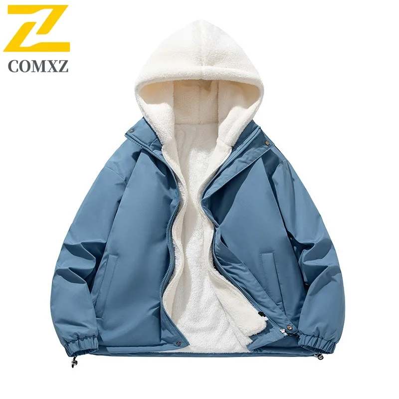 COMXZ 2025 Autumn Winter Sherpa Two Piece Hooded Jacket Unisex Thick Fleece Lined Fashion Outdoor Sports Casual Solid Color Coat