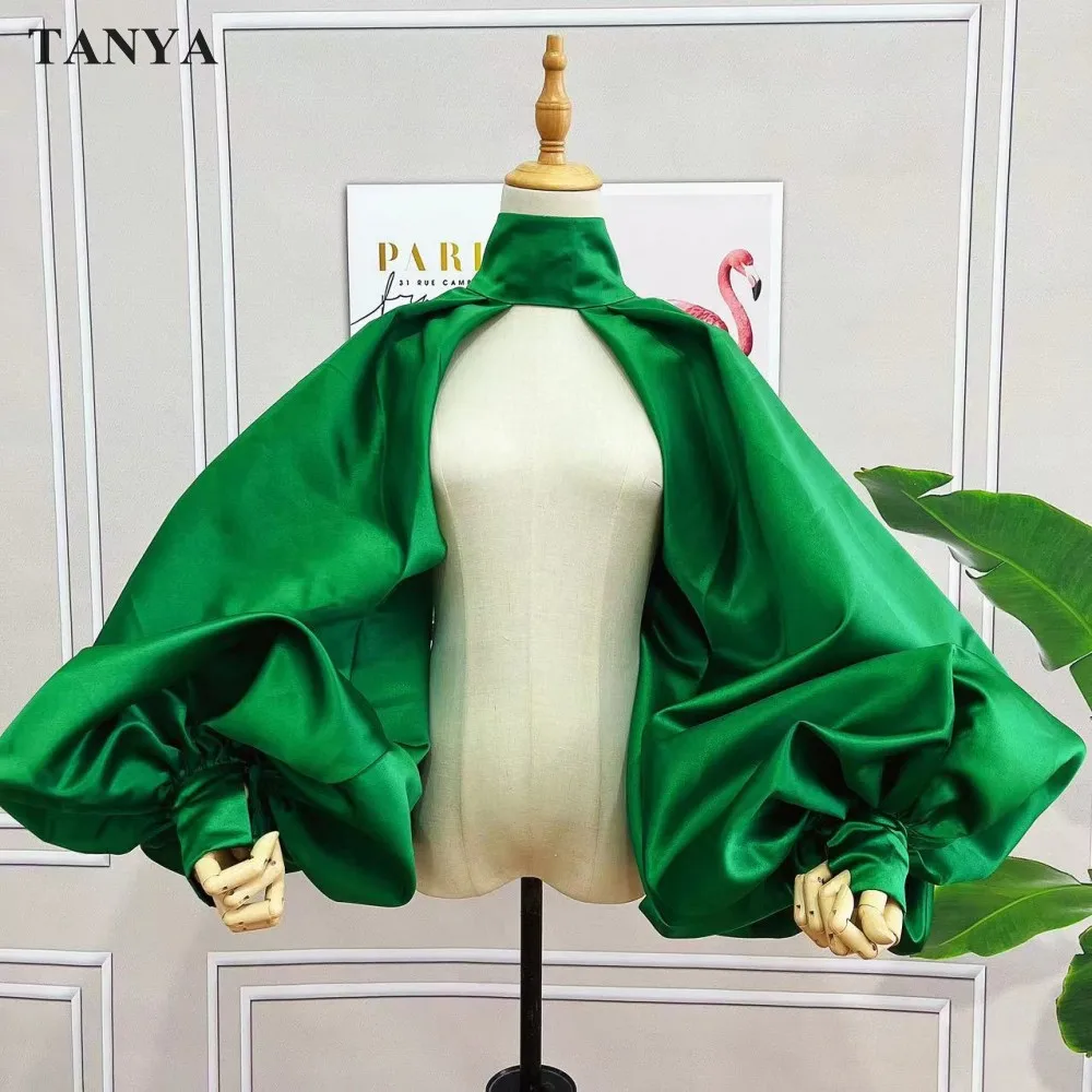 Puffy Sleeves Satin Bolero Topper Blouse Cover Arms Fashion Green Jacket Cloak Short Shawl High Neck With Buttons Customize