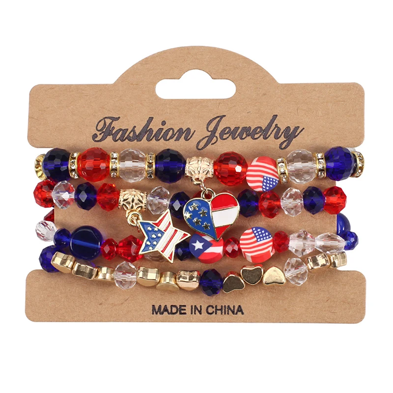 3Pcs/4Pcs Elastic Beaded Bracelets Sets Stackable Multilayered Patriotic Jewelry Independence Day Rainbow Handmade Bracelets