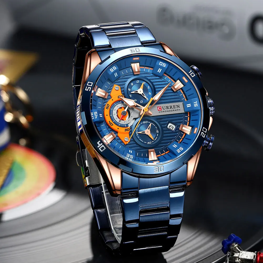 CURREN 8402 Creative Fashion Mens Business Casual Wristwatches Stainless Steel Luminous Dial Chronograph Clock
