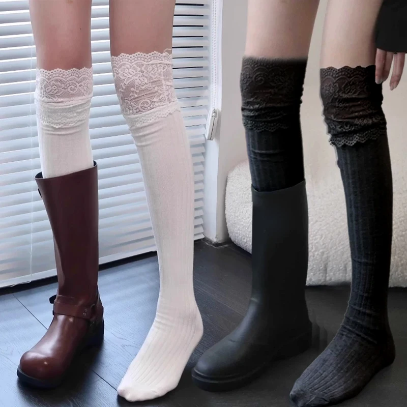 

1/2pairs Women Sexy Lace High Stockings Girls Solid Color Cotton Thigh High Over Knee Stockings Lolita Ladies Warm Boot Socks