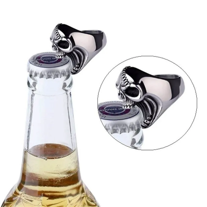 Portable Mini Ring Beer Bottle Opener Stainless Steel Finger Ring Bottle Cap Opening Remover Kitchen Bar Tools Skull Punk Ring